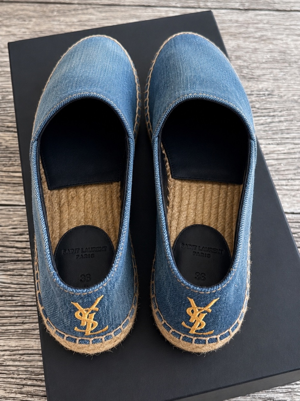 Saint Laurent Blue Denim Espadrille Loafers with Gold Logo